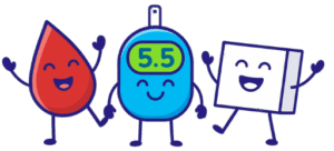 Smiling cartoon icons of a blood drop, a glucose meter reading 5.5, and a sugar cube holding hands.