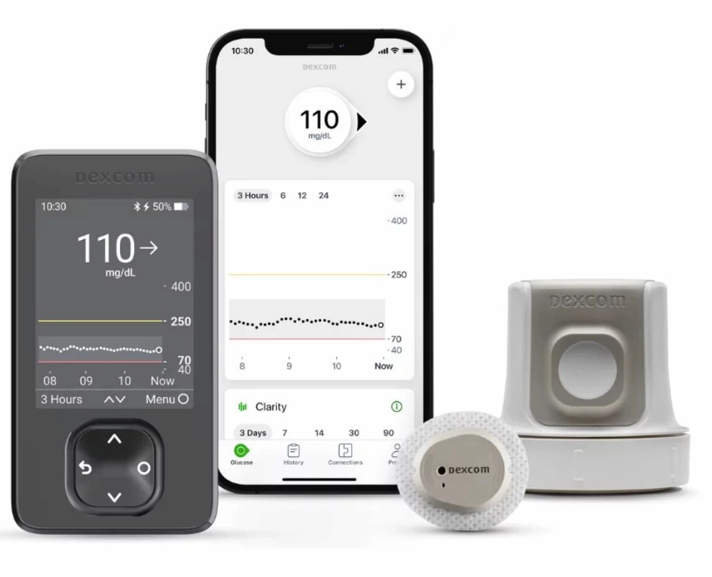 Dexcom One Plus device with phone app, glucose sensor, and applicator.