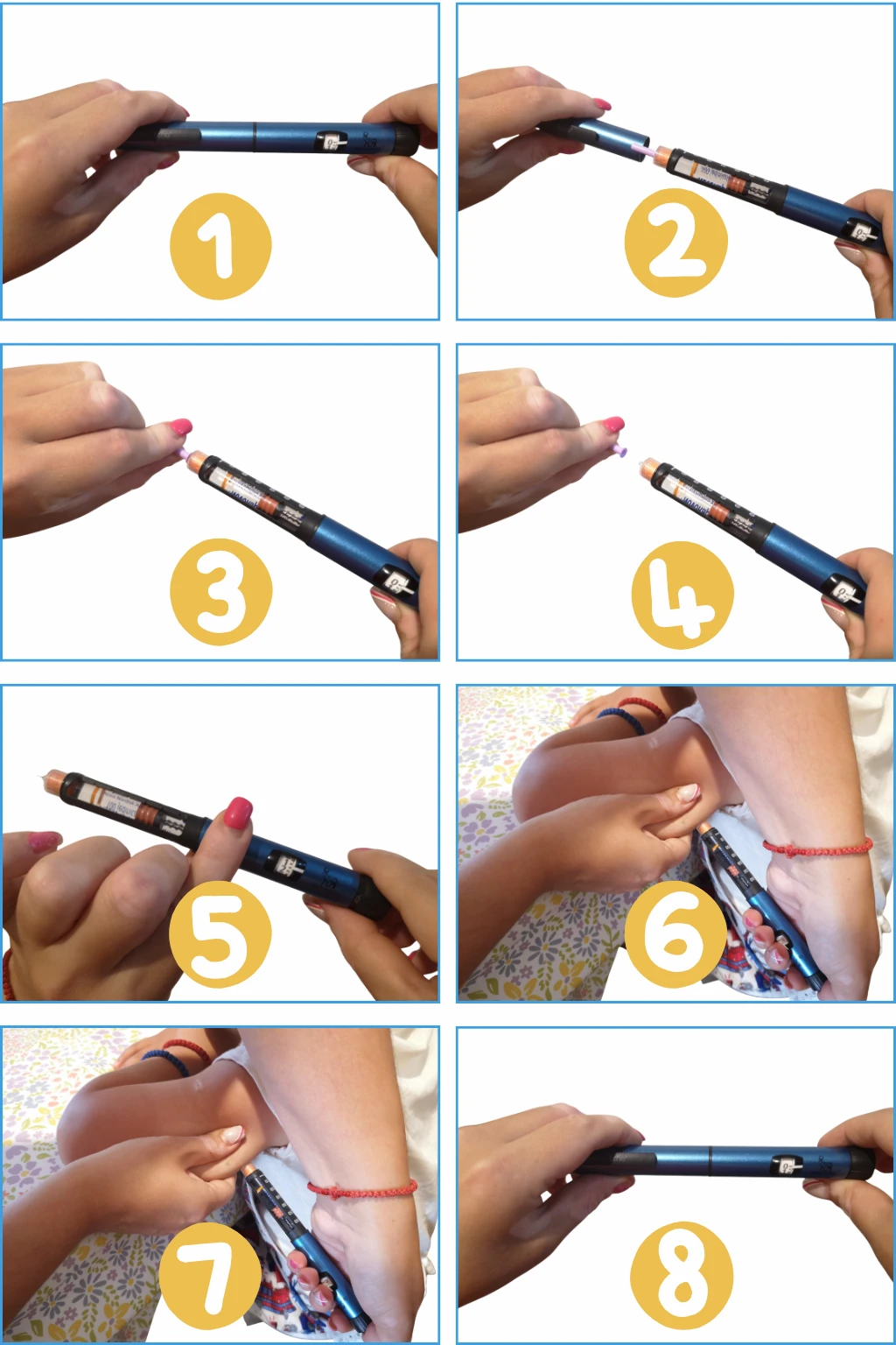 Steps for injecting insulin using a pen device.