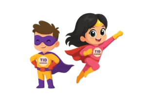 Two cartoon superheroes representing children with type 1 diabetes, wearing costumes labeled "T1D Warriors".