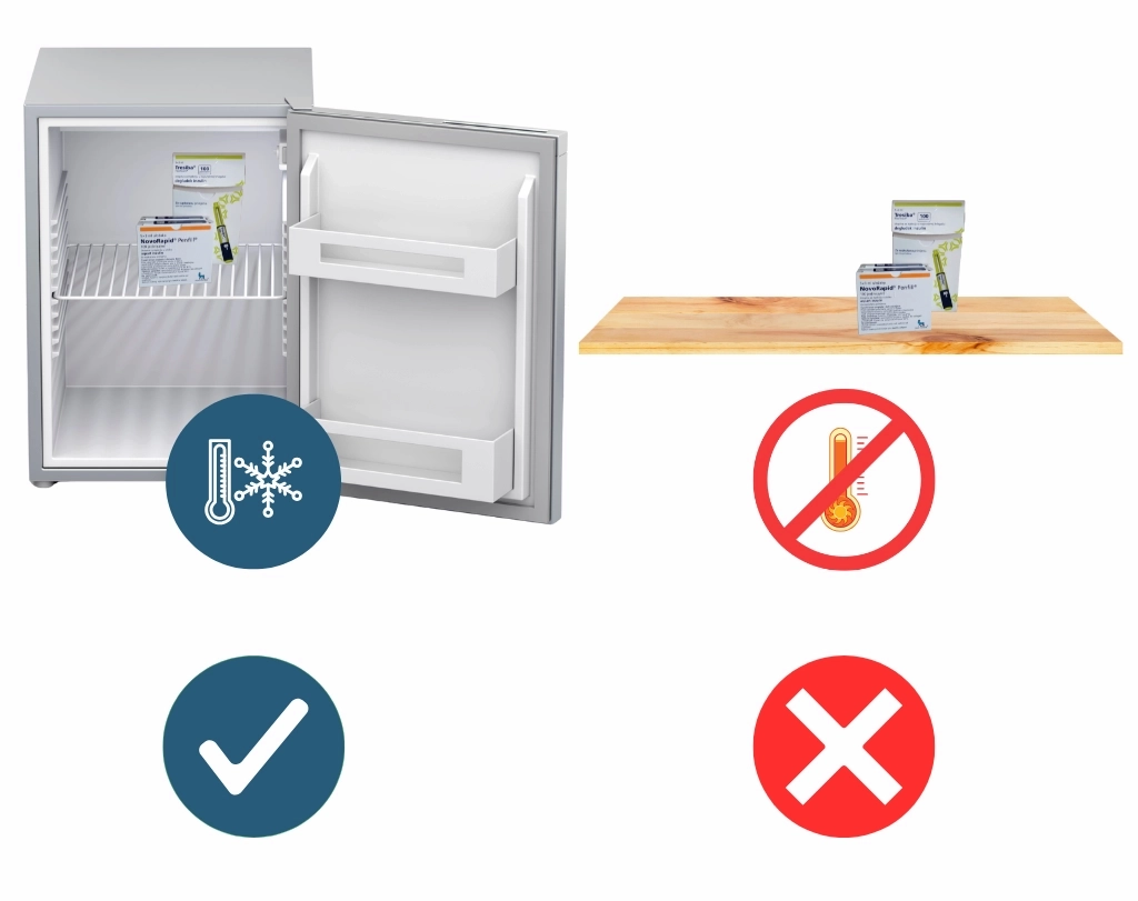 Visual comparison showing correct insulin storage in a fridge and incorrect storage at room temperature.