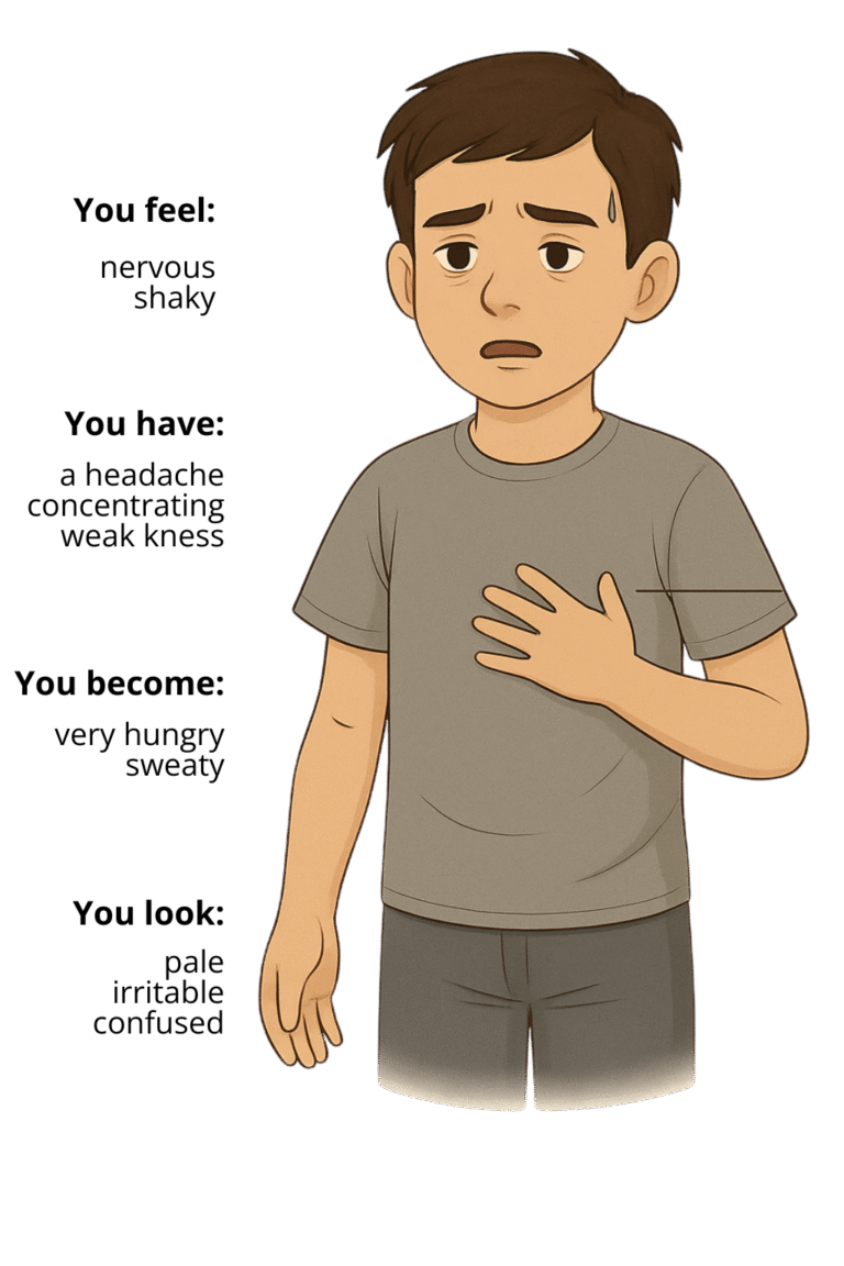 Illustration of a boy showing signs of low blood sugar, such as sweating and weakness.