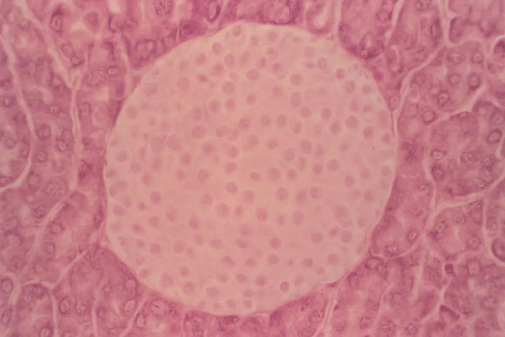 Microscopic image of a healthy islet of Langerhans in the pancreas.