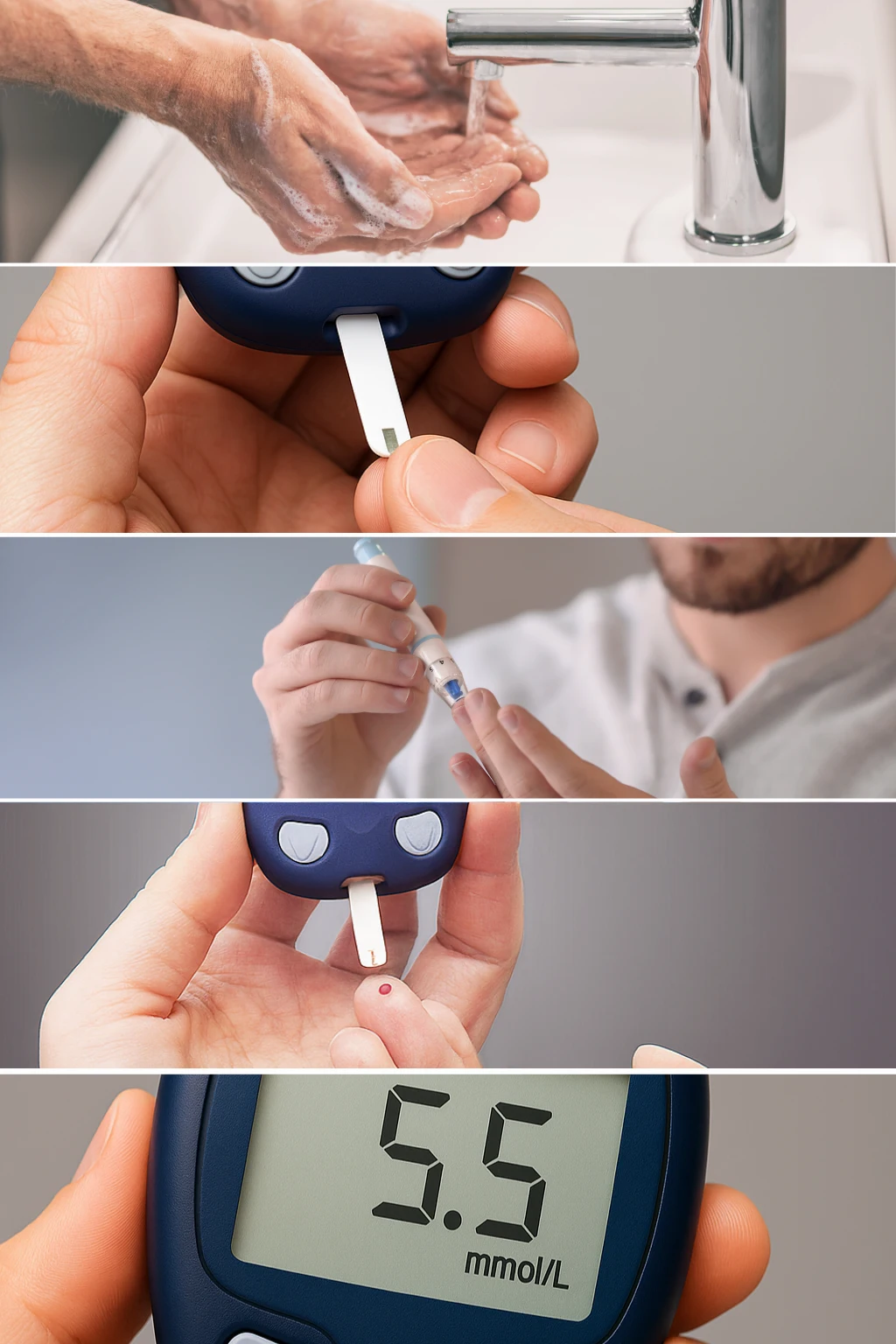 Step-by-step process of checking blood sugar with a glucose meter.
