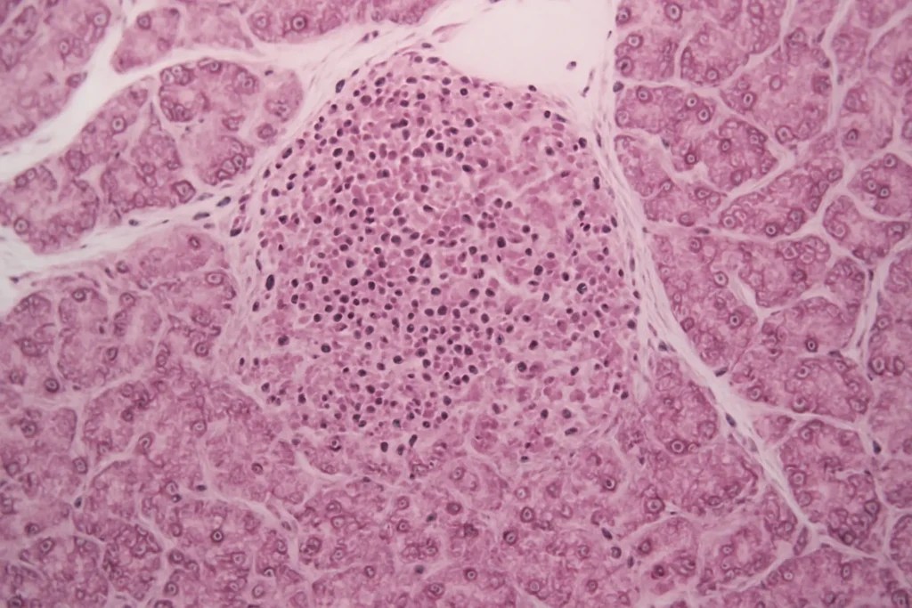 Microscopic image of a pancreatic islet infiltrated by immune cells in type 1 diabetes.