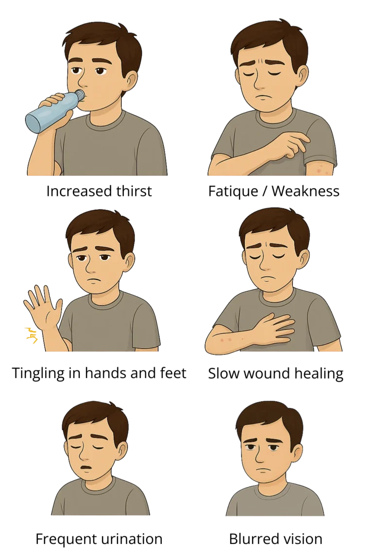 Illustration of a child showing common hyperglycemia symptoms like thirst, fatigue, and tingling in hands and feet.