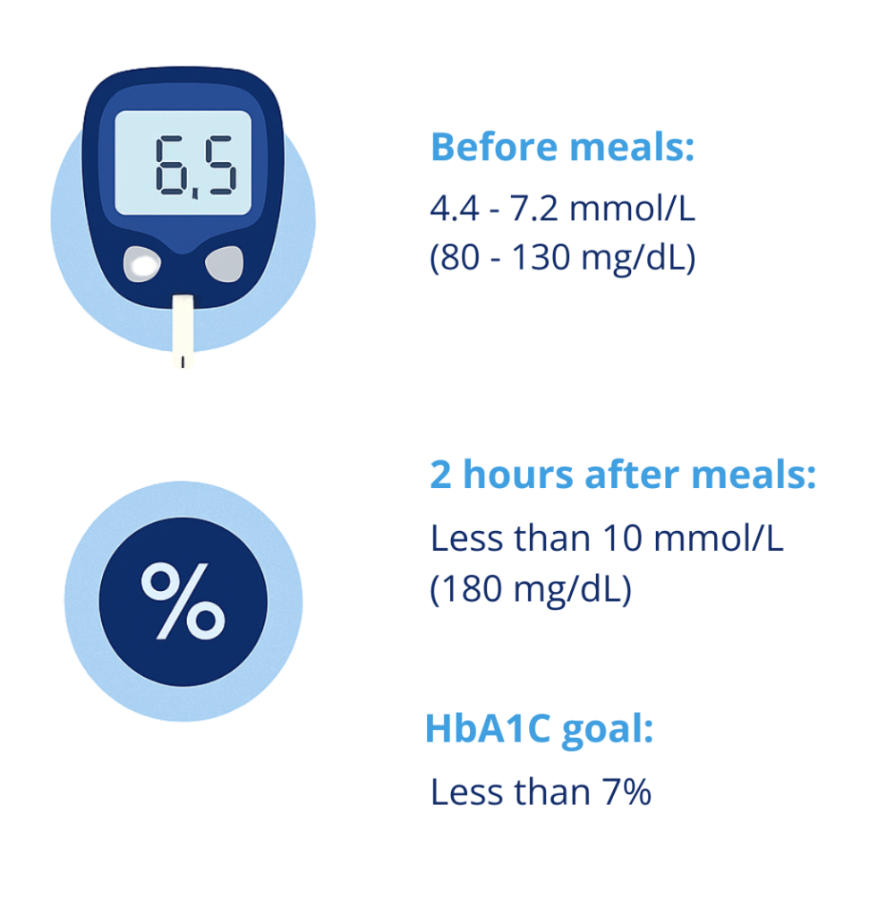 Blood sugar target ranges before and after meals and HbA1c goal.