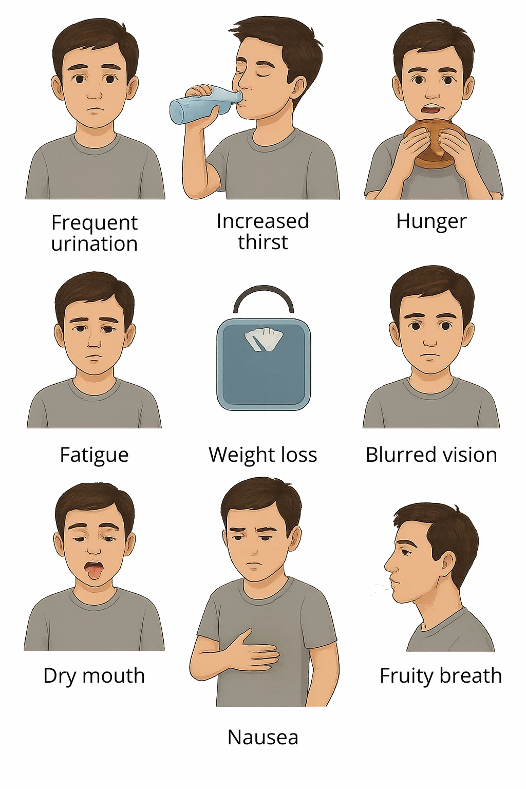 Infographic showing a child with symptoms of type 1 diabetes, including thirst, hunger, fatigue, weight loss, and nausea.