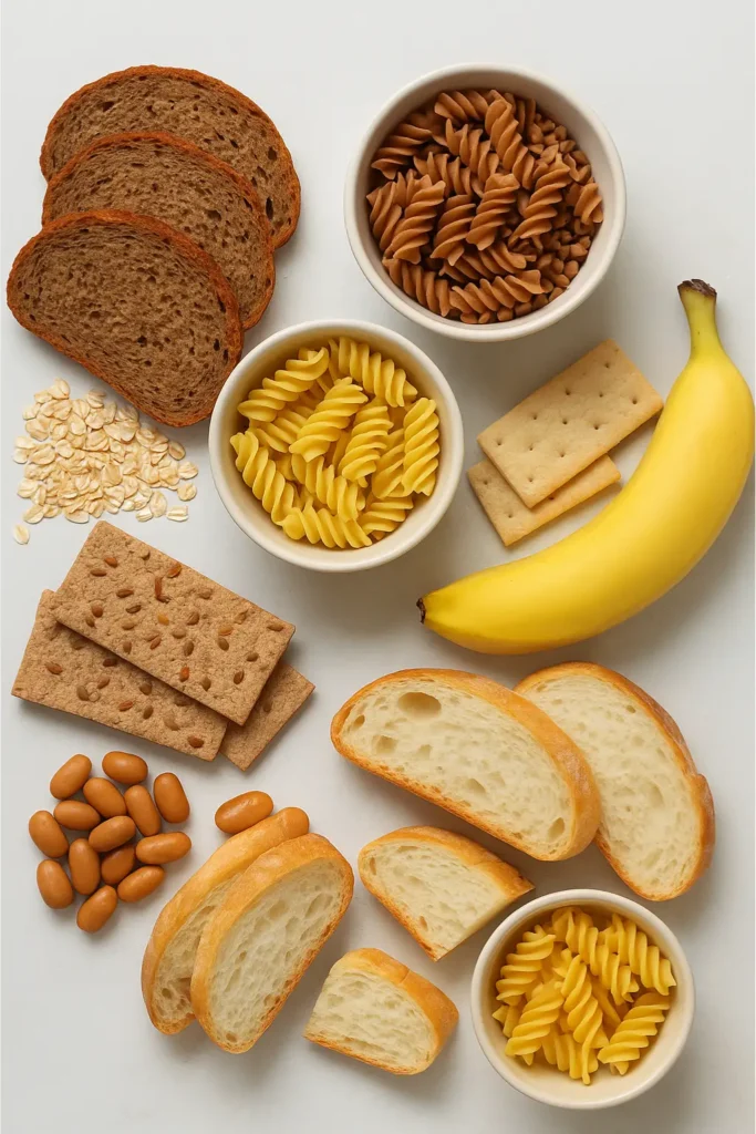 The photo of carbohydrate rich foods: whole and white bread, pasta, crackers, banana, oats, beans, cooked rice, potato, and a glass of milk on a light background.