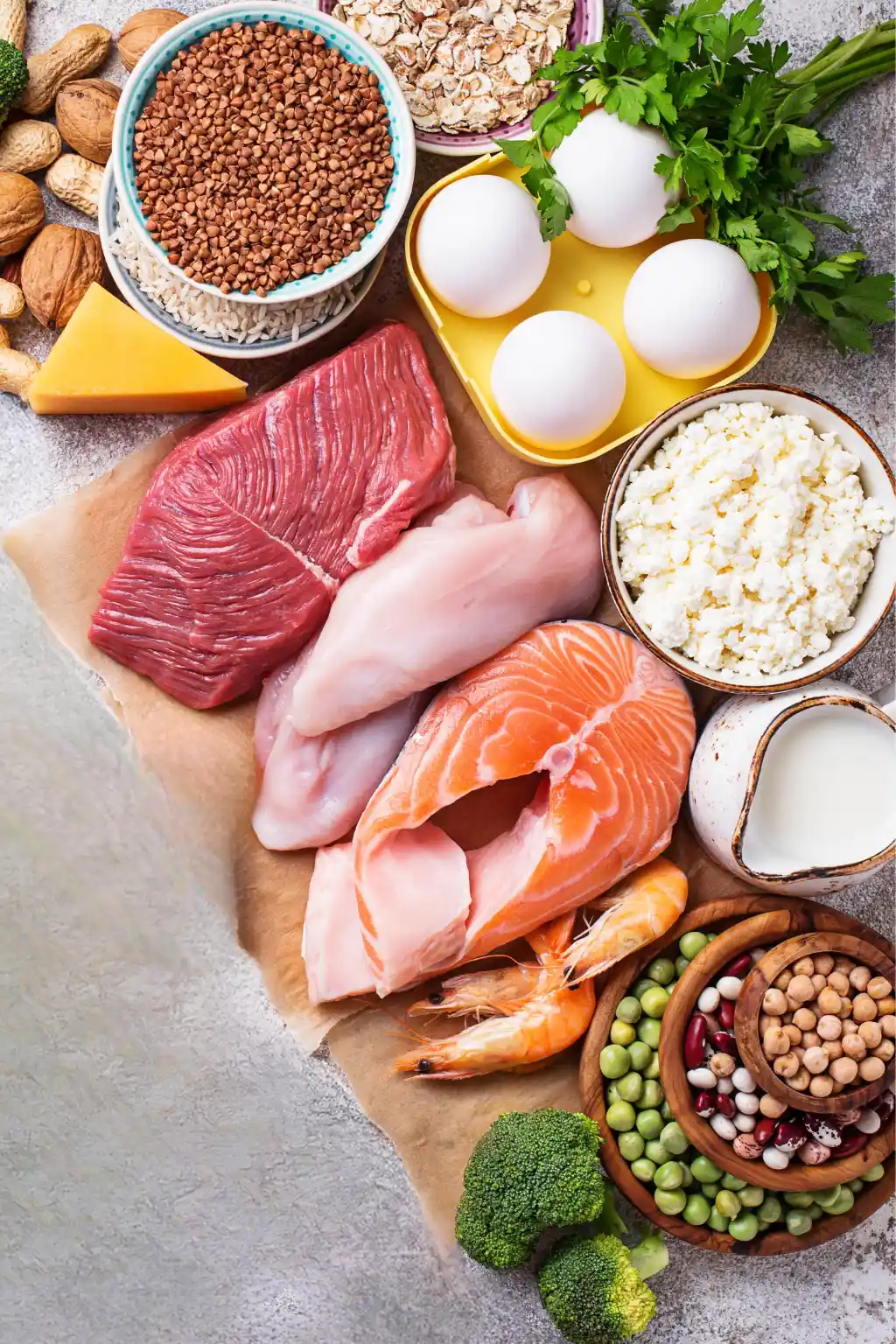 Top-down photo of protein-rich foods: eggs, chicken breast, salmon steak, lean red meat, cottage cheese, Greek yogurt, tofu, almonds, walnuts, and mixed seeds on a neutral background.