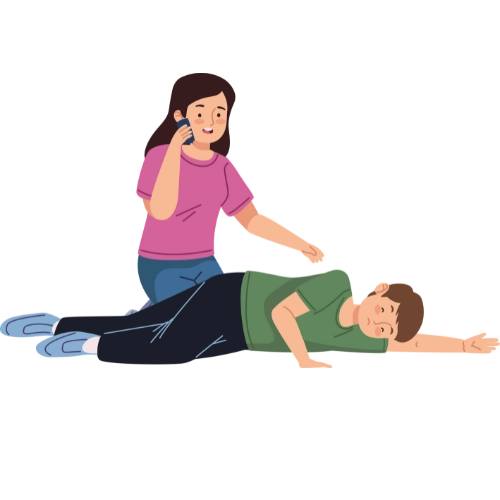 Unconscious boy lying on his side while a girl calls for help on the phone.