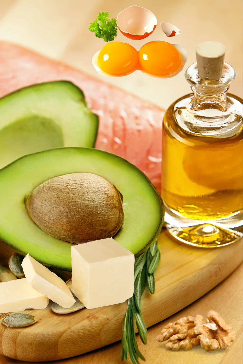 Top-down photo of high-fat foods: avocado halves, bottle of oil, egg yolks with shells, cheese cubes, walnuts, and fresh herbs on a wooden board.