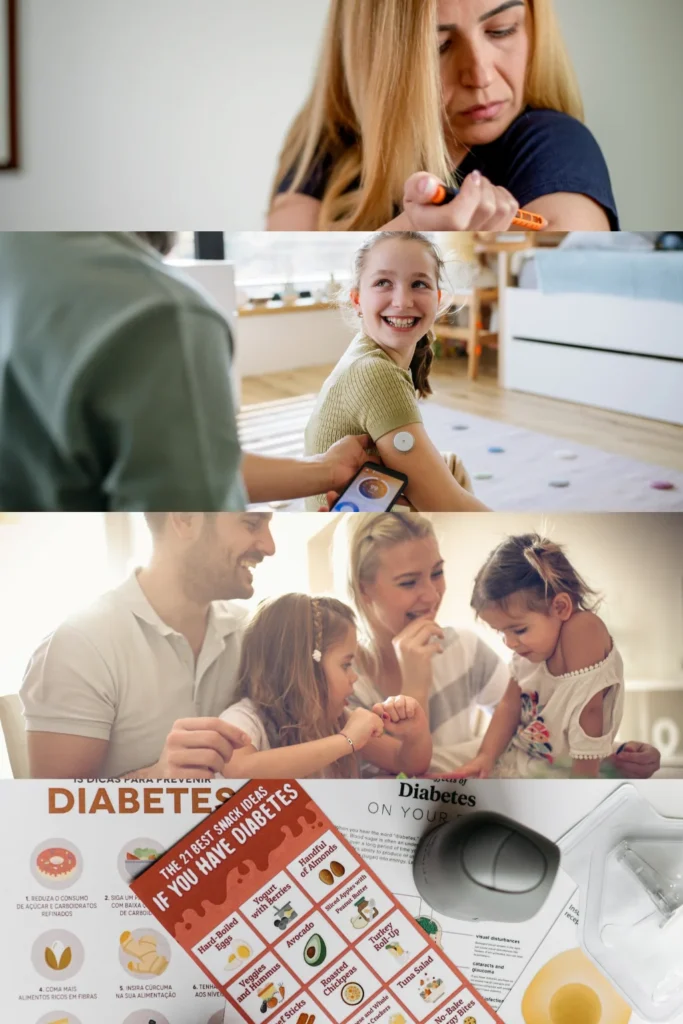 Four key aspects of type 1 diabetes treatment shown in images — insulin injection, continuous glucose monitoring, healthy diet and exercise, and diabetes education materials