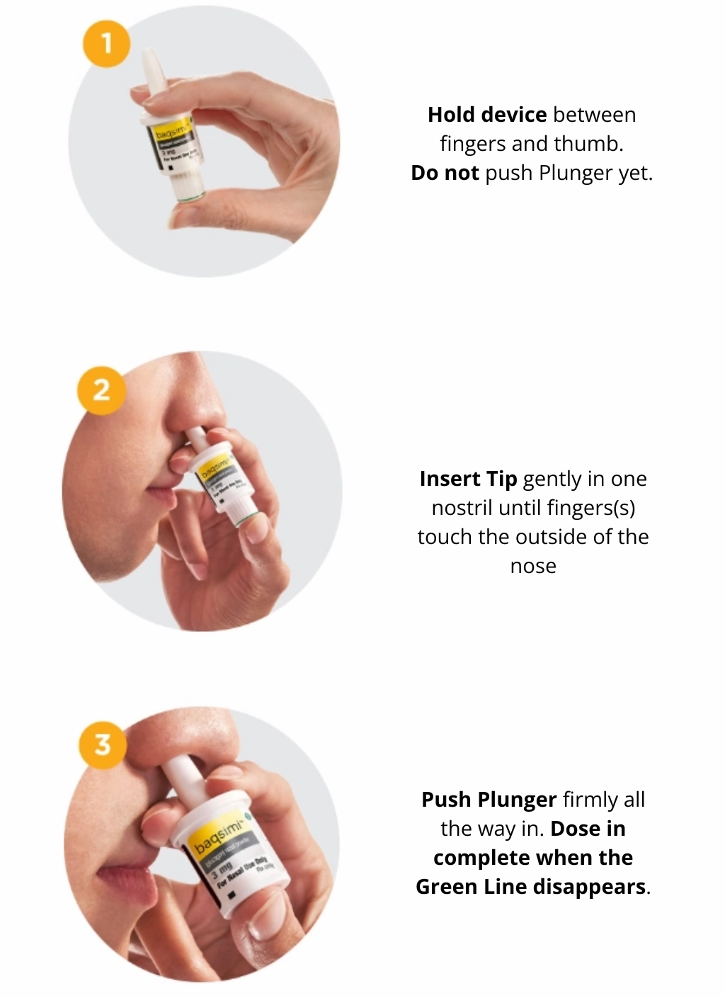 Step-by-step visual guide showing how to use Baqsimi nasal glucagon for severe hypoglycemia.