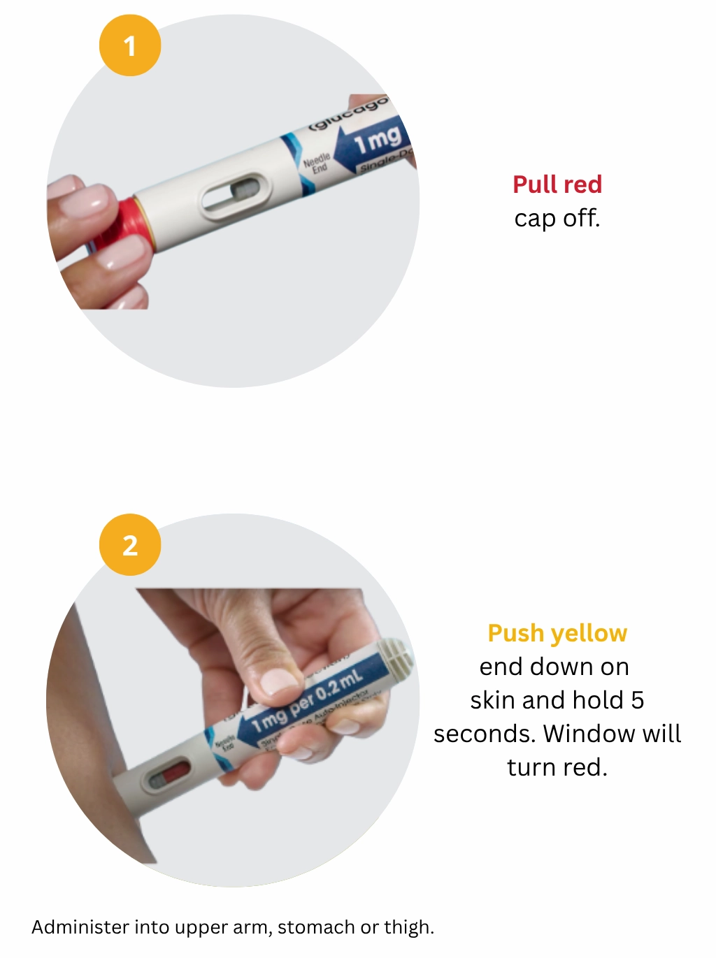 Step-by-step instructions showing how to use the GVOKE HypoPen for severe hypoglycemia treatment.
