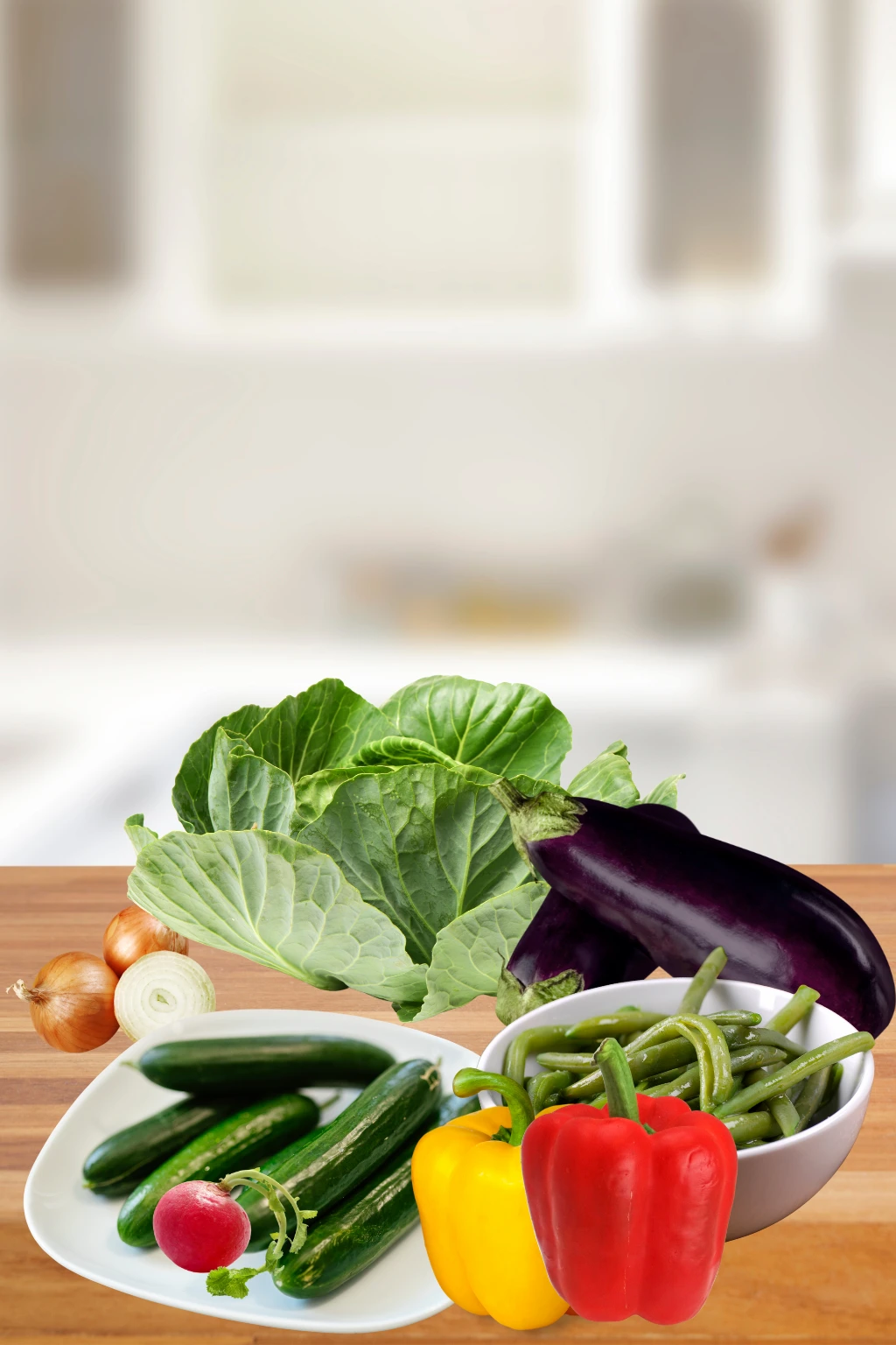 A selection of water-rich vegetables including cabbage, eggplant, cucumbers, bell peppers, onions, radish, and green beans arranged on a kitchen counter.