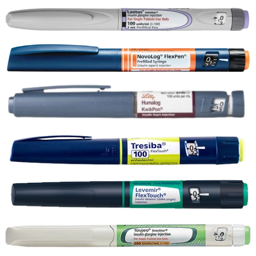 Different types of disposable insulin pens including Lantus SoloStar, NovoLog FlexPen, Humalog KwikPen, Tresiba FlexTouch, Levemir FlexTouch, and Toujeo SoloStar.