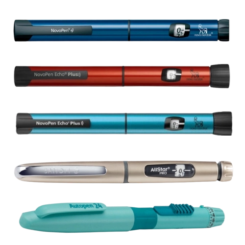 Different reusable insulin pens including NovoPen 4, NovoPen Echo Plus, NovoPen 5, Sanofi AllStar Pro, and Owen Mumford Autopen 24.