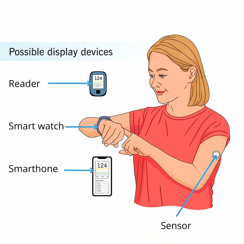 Illustration of continuous glucose monitoring with a sensor on the arm connected to reader, smartwatch, and smartphone.
