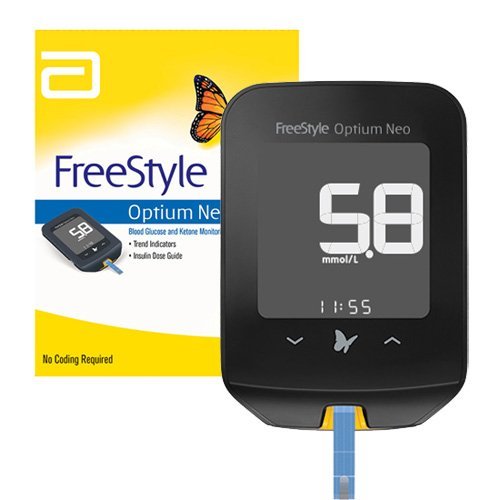 Freestyle Optium Neo blood glucose and ketone meter displaying ketone level in mmol/L, used to monitor diabetic ketoacidosis (DKA).