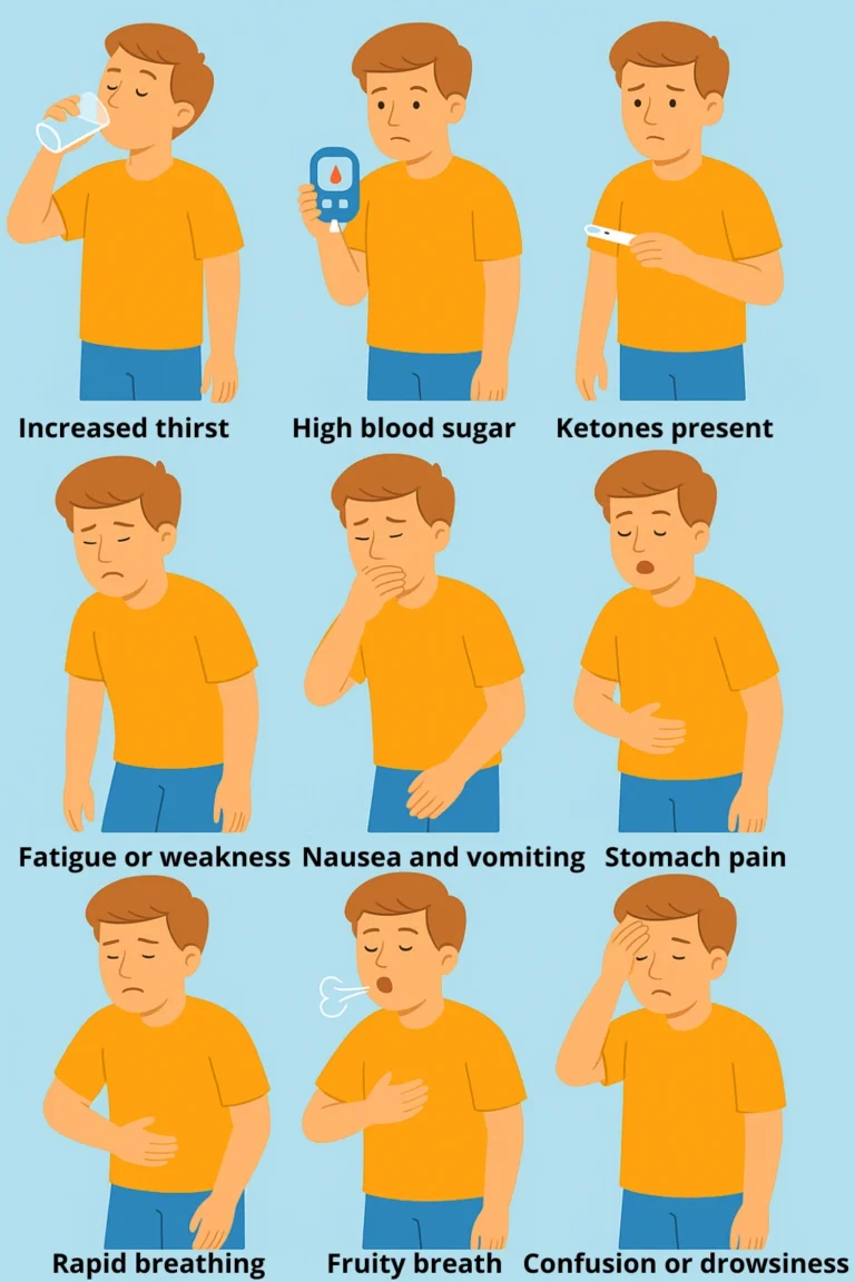 Infographic showing symptoms of diabetic ketoacidosis (DKA) such as increased thirst, high blood sugar, ketones, fatigue, nausea, stomach pain, rapid breathing, fruity breath, and confusion.