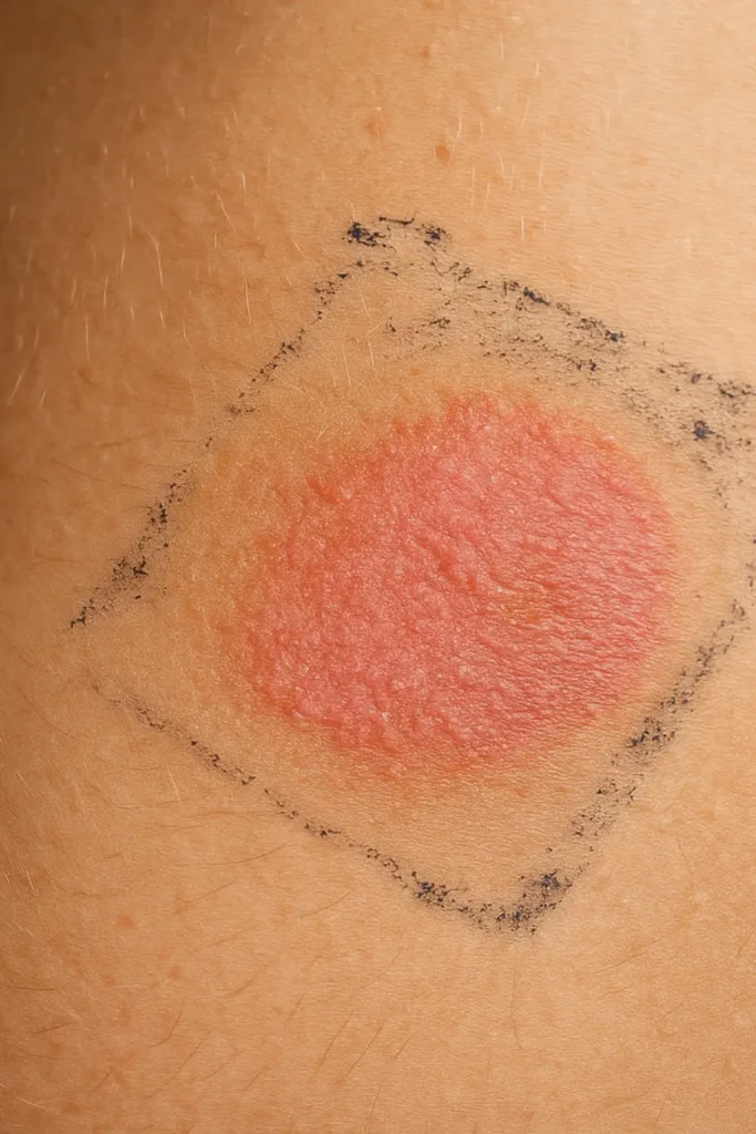 Skin irritation on the abdomen caused by a diabetes sensor adhesive.
