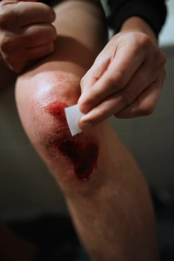 Person cleaning a wound on the knee with a sterile pad, showing slow healing and care.