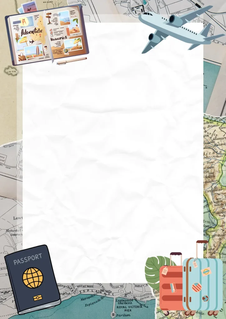 ravel-themed background with map, airplane, passport, and luggage illustration.